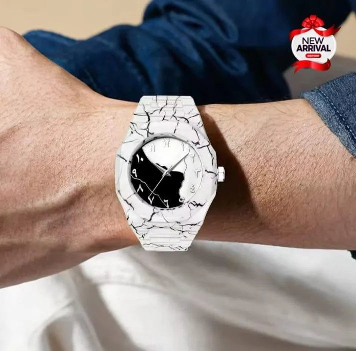 Men's Carbon Fiber Black And White Marble Design Arabic Aura Watch (Tiger Design)