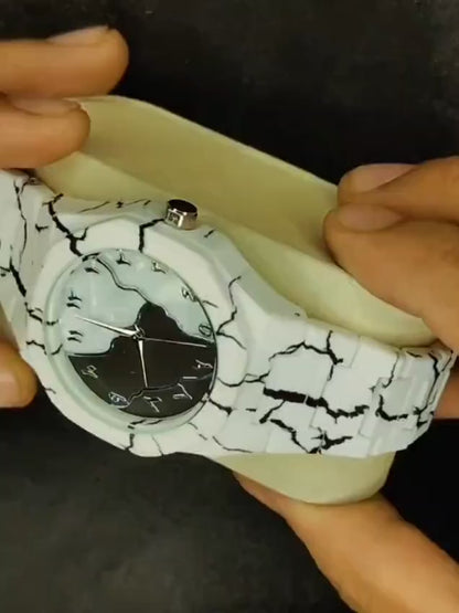 Men's Carbon Fiber Black And White Marble Design Arabic Aura Watch (Tiger Design)