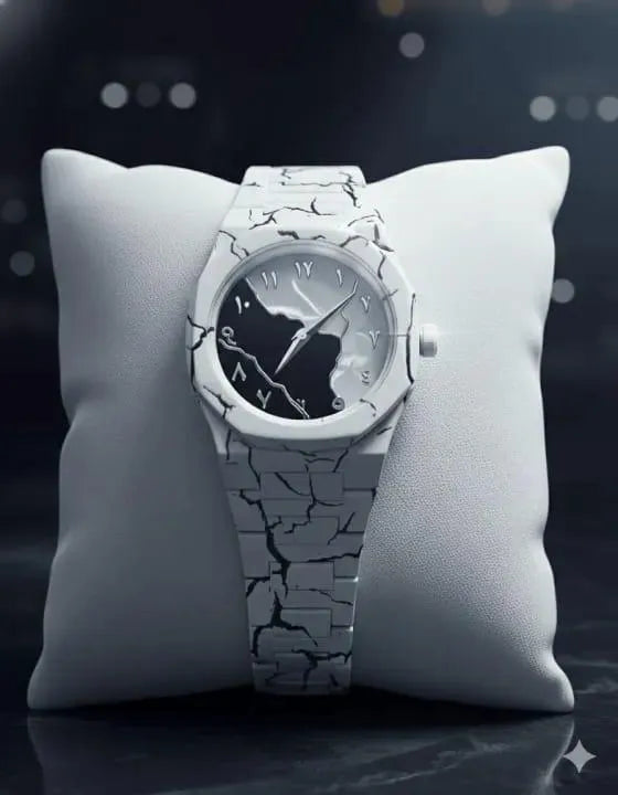 Men's Carbon Fiber Black And White Marble Design Arabic Aura Watch (Tiger Design)
