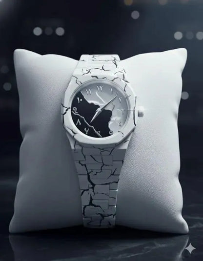 Men's Carbon Fiber Black And White Marble Design Arabic Aura Watch (Tiger Design)