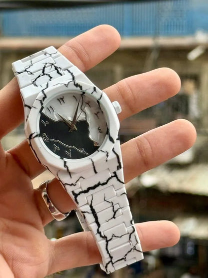 Men's Carbon Fiber Black And White Marble Design Arabic Aura Watch (Tiger Design)