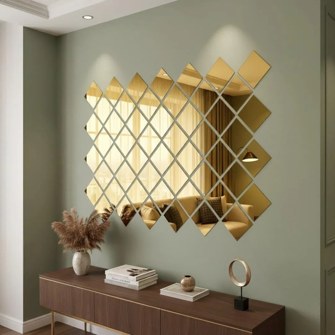 Acrylic Square Mirror Wall Border (Golden & Silver, Size: 2.5x2.5 Set: 6 Pcs)