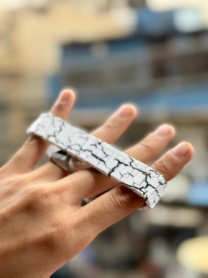 Men's Carbon Fiber Black And White Marble Design Arabic Aura Watch (Tiger Design)