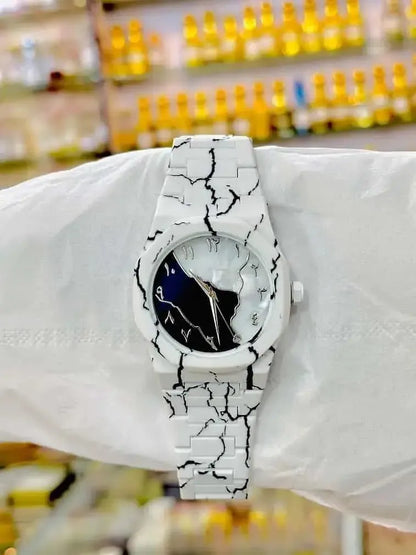 Men's Carbon Fiber Black And White Marble Design Arabic Aura Watch (Tiger Design)