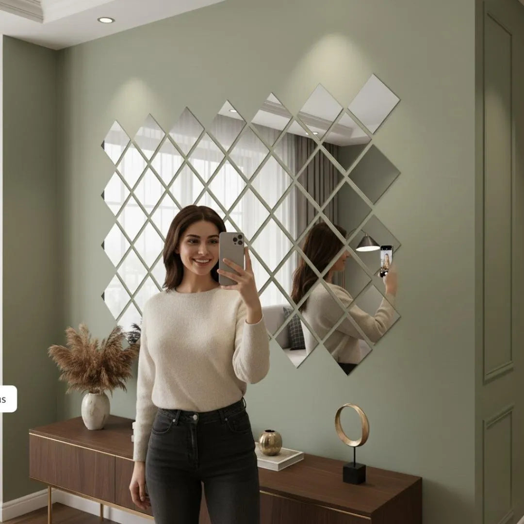 Acrylic Square Mirror Wall Border (Golden & Silver, Size: 2.5x2.5 Set: 6 Pcs)