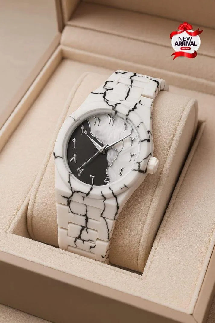 Men's Carbon Fiber Black And White Marble Design Arabic Aura Watch (Tiger Design)