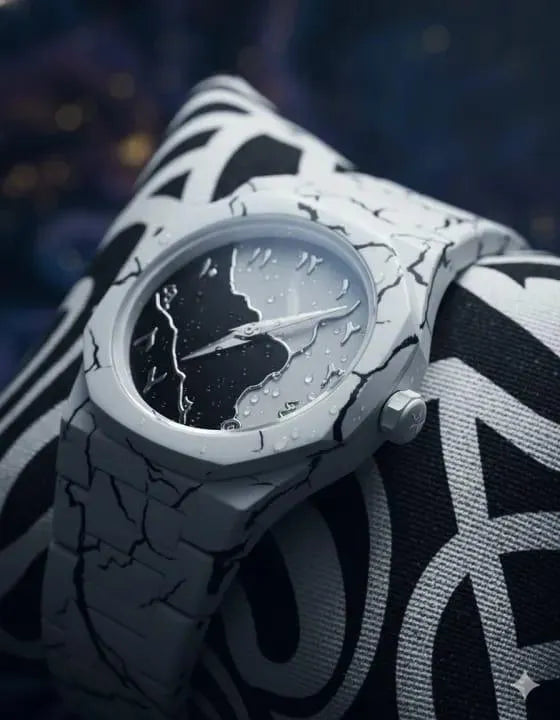 Men's Carbon Fiber Black And White Marble Design Arabic Aura Watch (Tiger Design)